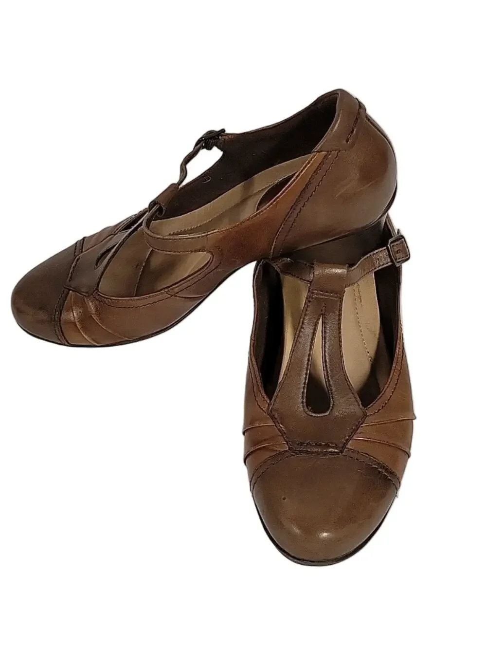 Women's Earth Wanderlust Retro Flapper Light/Dark Brown Leather Heels, Size 12B